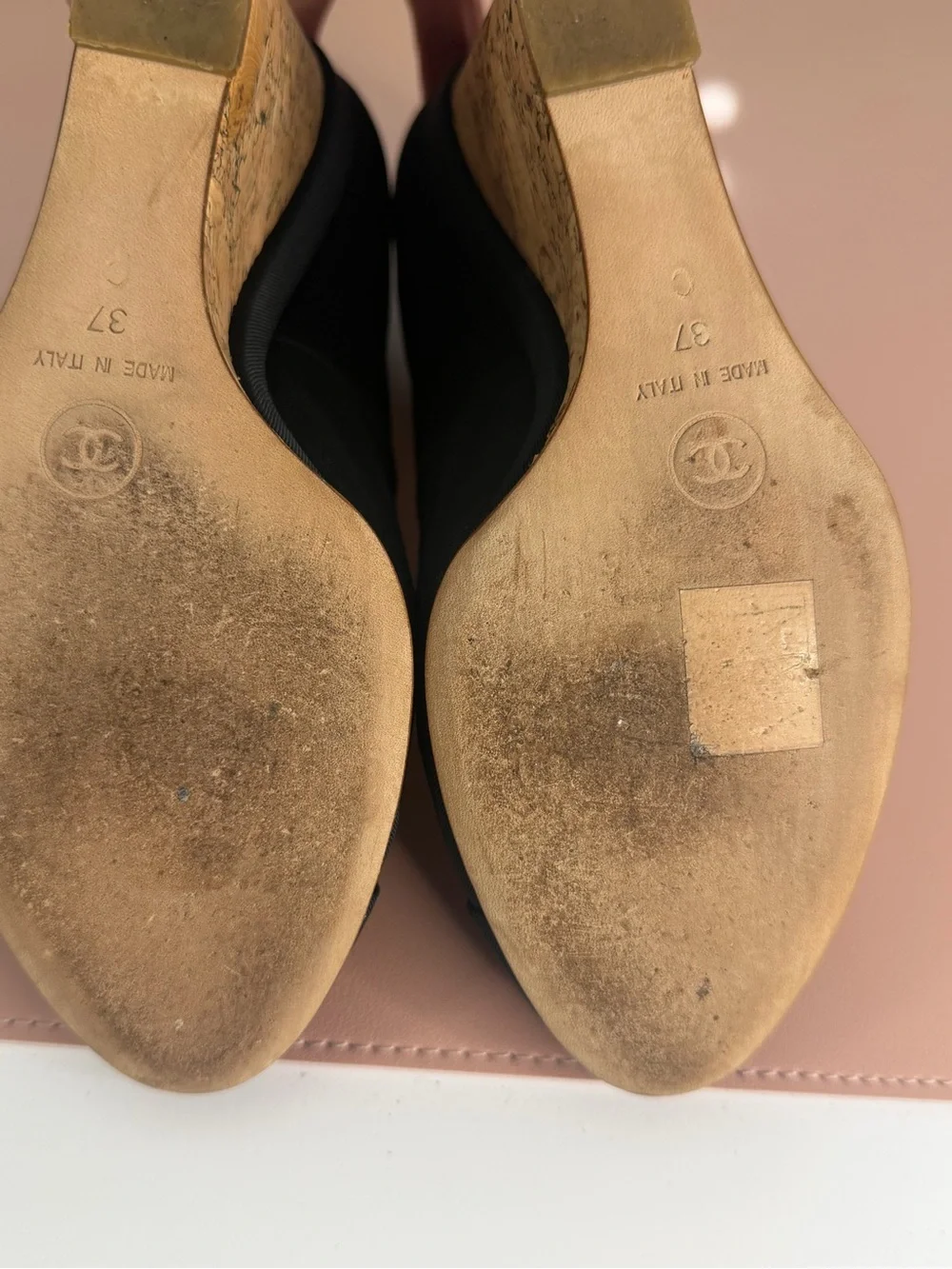 Chanel Black Canvas Cork Wedge Pumps with Gold Camellia 37